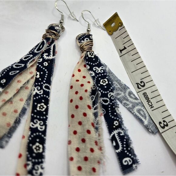 "5/$25" Frayed Rag Wire Wrapped Handmade Patriotic Dangle Earrings 925 Ear Wires - Picture 7 of 9